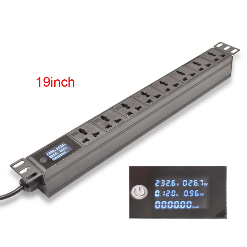

19inch PDU Power Strip Cabinet Mount 6 Socket Digital measurement meter 8Ways Universal Outlets Surge protection 2meter Cord