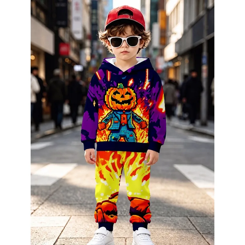 Little Boys Pullover Hoody Set All‑Over Print Sweatshirt Pants for Party and Daily Activities Suitable for Outdoor Birthday Gift