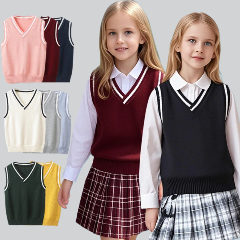 

School Uniform Teen Kids Knit Vest Boys & Girls Sweater Vest Cotton V-neck Sleeveless Pullover Preppy Style Children Top Clothes