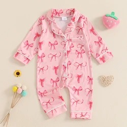 Baby Girl Fall Sleepwear Romper Cute Bow/Strawberry Print Button Down Long Sleeve Lapel Full Length Jumpsuit