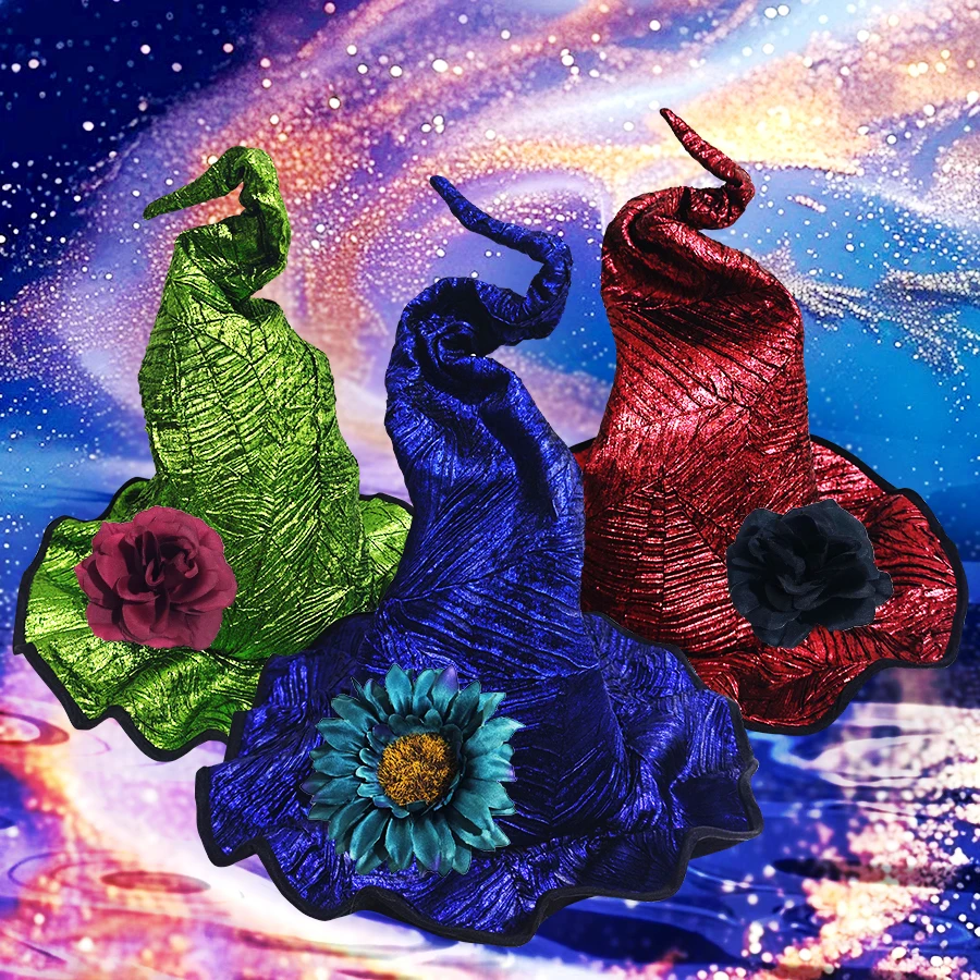 Halloween Witch Hat with Floral Accent Green/Blue/Red forWomen Halloween Cosplay Party