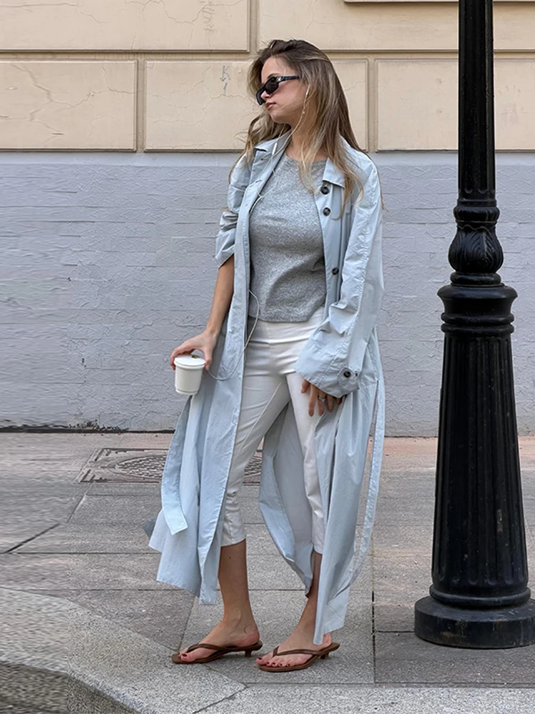 Damenjacken mit Revers, Einreihig mit Gürtel, Dünne Trenchcoats, Streetwear für Frauen, Langarm, Einfarbig, Lockerer Mantel, Neue Damen-Oberbekleidung – Detail 1