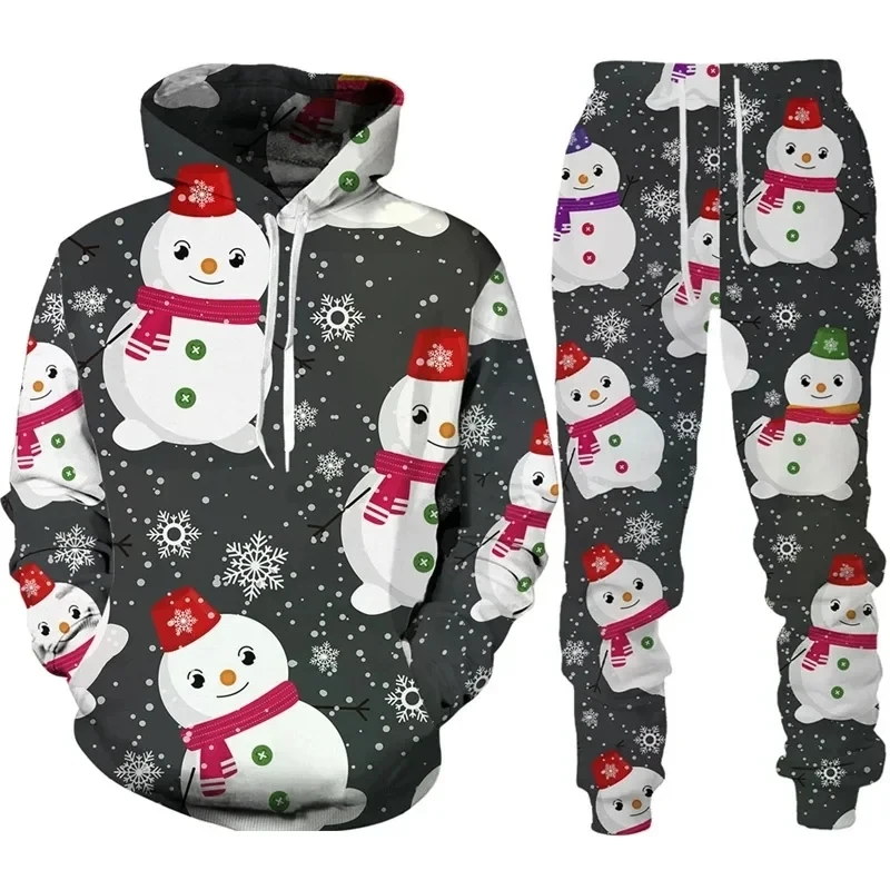 Funny Santa Claus Print Men's Hoodies Suit 3D Christmas Snowman Pattern Breathable  Sweatshirt + Sweatpants 2-piece Set Clothing