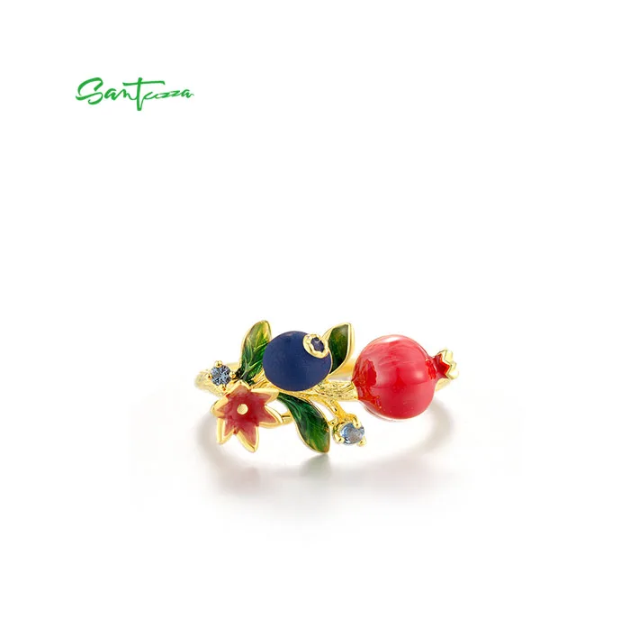 SANTUZZA Authentische 925 Sterling Silber Ringe für Frauen, Niedliche Blaubeeren & Granatapfel Emaille Früchte, Zarte Blumen, Edle Schmuckstücke – Detail 4
