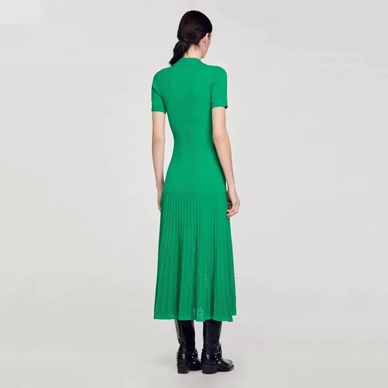 2024French Fashion Spring New Dopamine Green Long Knit Dresses Polo Short Sleeve Flared Long High Quality Women\'s Long Dress Y2k