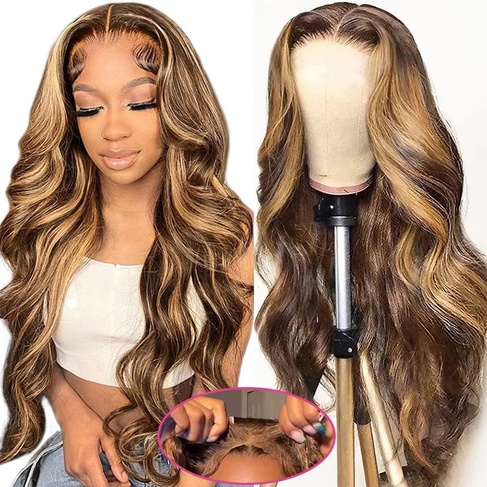 

34inch 5x5 Wear And Go Highlight Wigs Human Hair Density 200 HD Pre Cut Lace Honey Blonde Body Wave Lace Frontal Wigs Preplucked