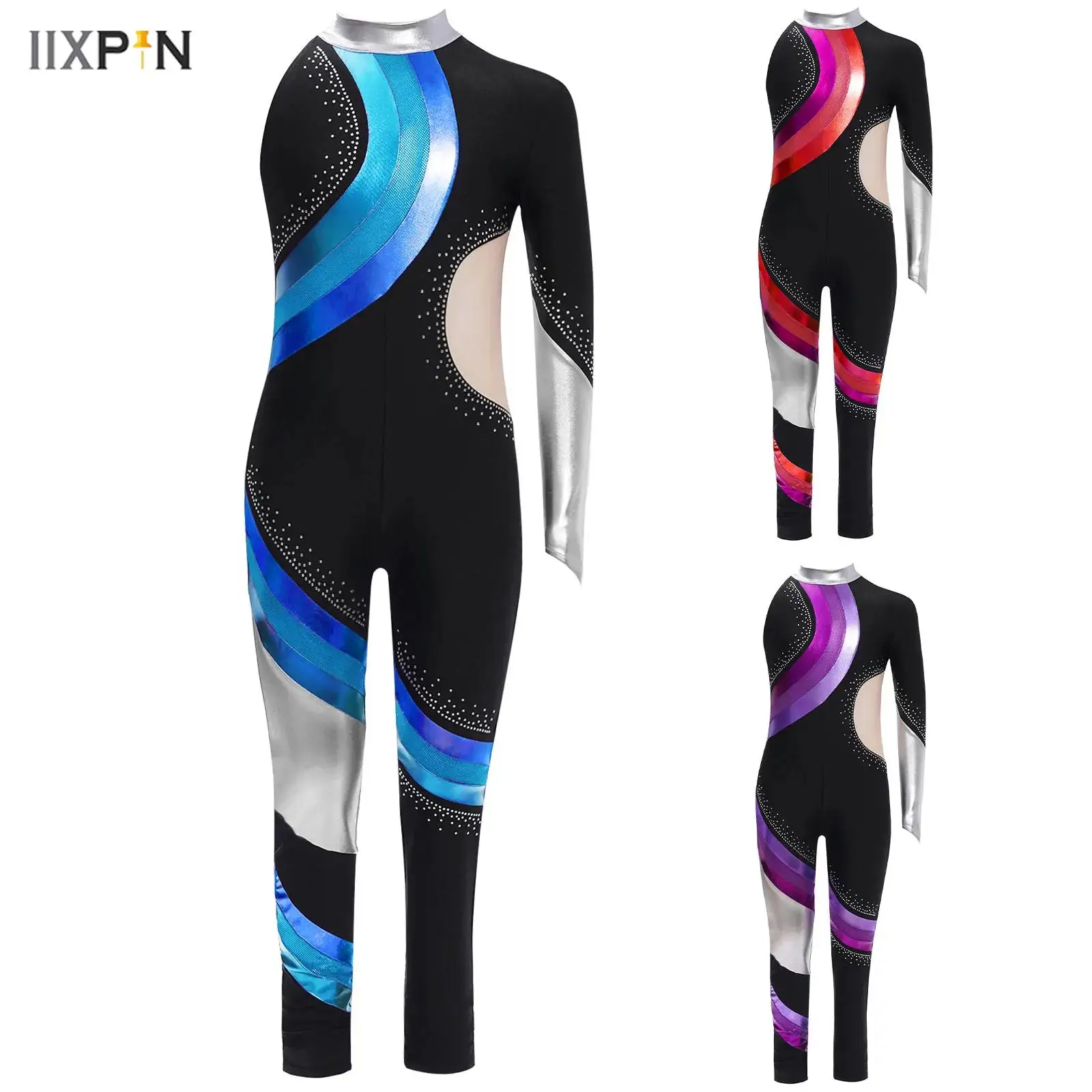 

Kids Girls Rhythmic Gymnastics Jumpsuit Asymmetrical Shiny Rhinestones Color Block Full Length Leotard Bodysuit Ballet Costume