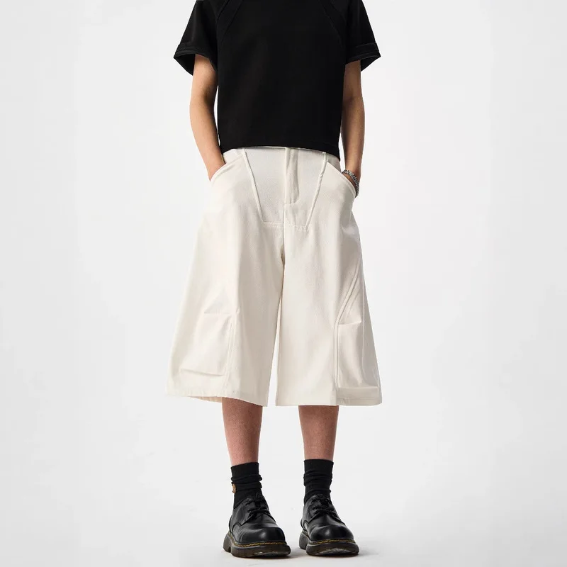 American Style Minimalist Seven Eighth Curved Knife Casual Pants for Men and Women Summer Loose Straight Cut Arc Deconstructed V