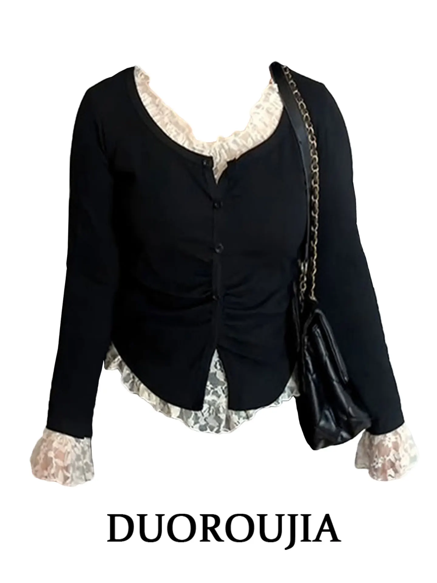 

plus Size Lace Splice Long Sleeve T-Shirt Women's Casual Style High Waist Design Skin-friendly Breathable Autumn Top for Plum...