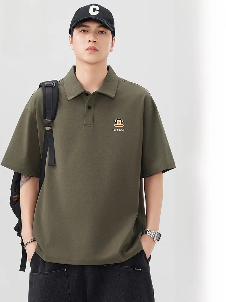 

Футболка Paul Frank Heavyweight с коротким рукавом, мужская, летняя, новая, однотонная, повседневная, свободного кроя, с воротником, из смесового хлопка и полиэстера