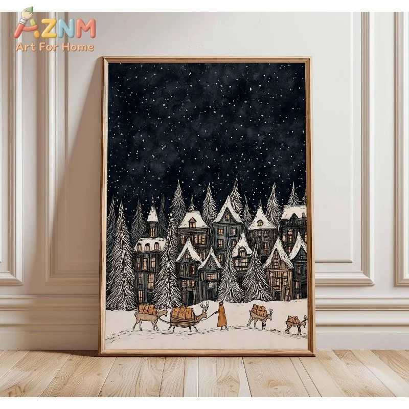 Christmas Forest Art Poster Winter Painting Art Print, Xmas Holiday Decor, Christmas Winter Wall Art, Snowy Holiday Artwork