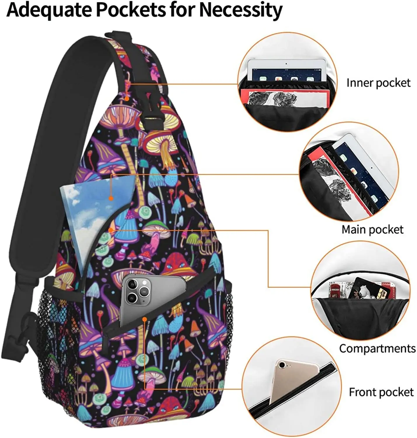 Mushroom Sling Backpack Crossbody Triangle Sling Bag Travel Chest Daypack Purse Hiking Shoulder Bag For Men Women Teen Gym