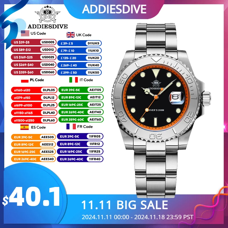 ADDIES-Relógio Masculino de Aço Inoxidável, Quartzo, Vidro Revestido AR, Moldura Azul, Luminoso, Mergulho, 41mm, 200m, Novo