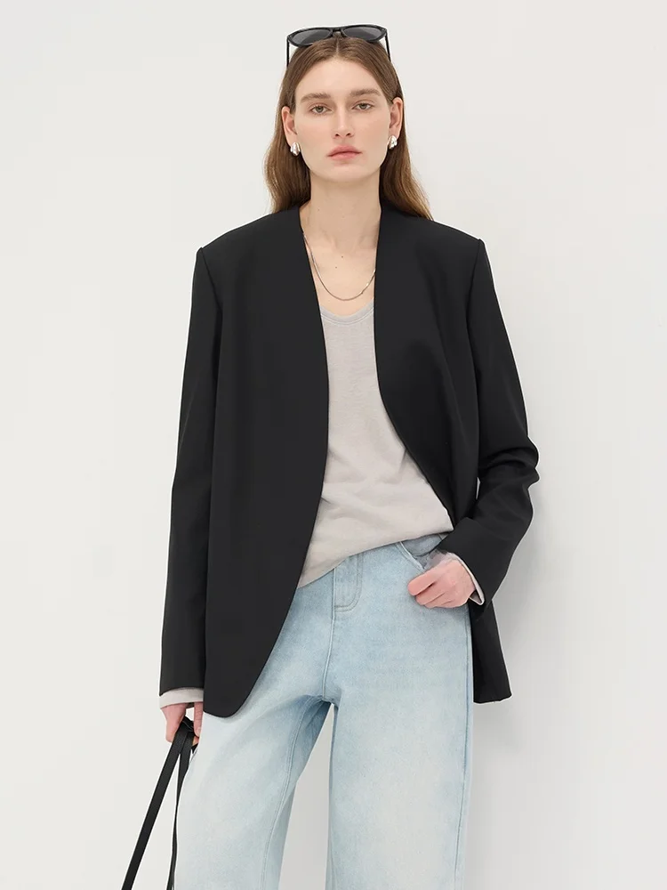 

Slimming Effectiven mat Spun Wool ex Loose Casual Faion Early Spring Bla Color Suit Jaet Women