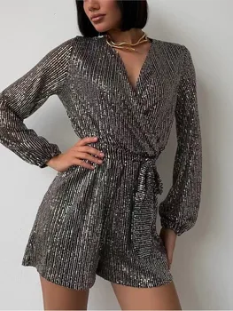 2024ผู้หญิงฤดูใบไม้ร่วงคอลเลกชันใหม่Holiday Partyแฟชั่นGlitter Bubbleแขนแขนยาวเซ็กซี่Vคอสายคล้องเอวกางเกงขาสั้น