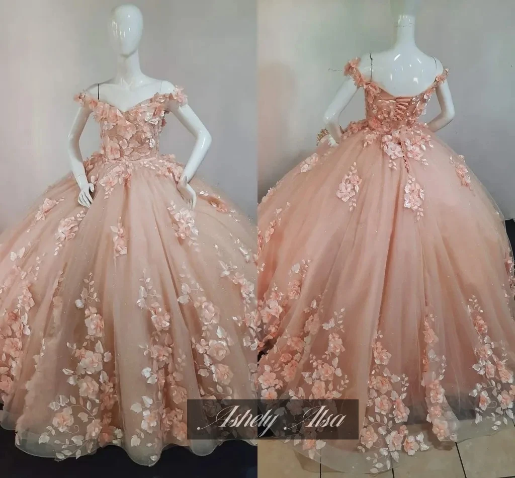 Gaun Coral Quinceanera kustom gaun pesta bahu terbuka Applique bunga 3D gaun pesta gaun Prom Formal manis 15 16 tahun anak perempuan