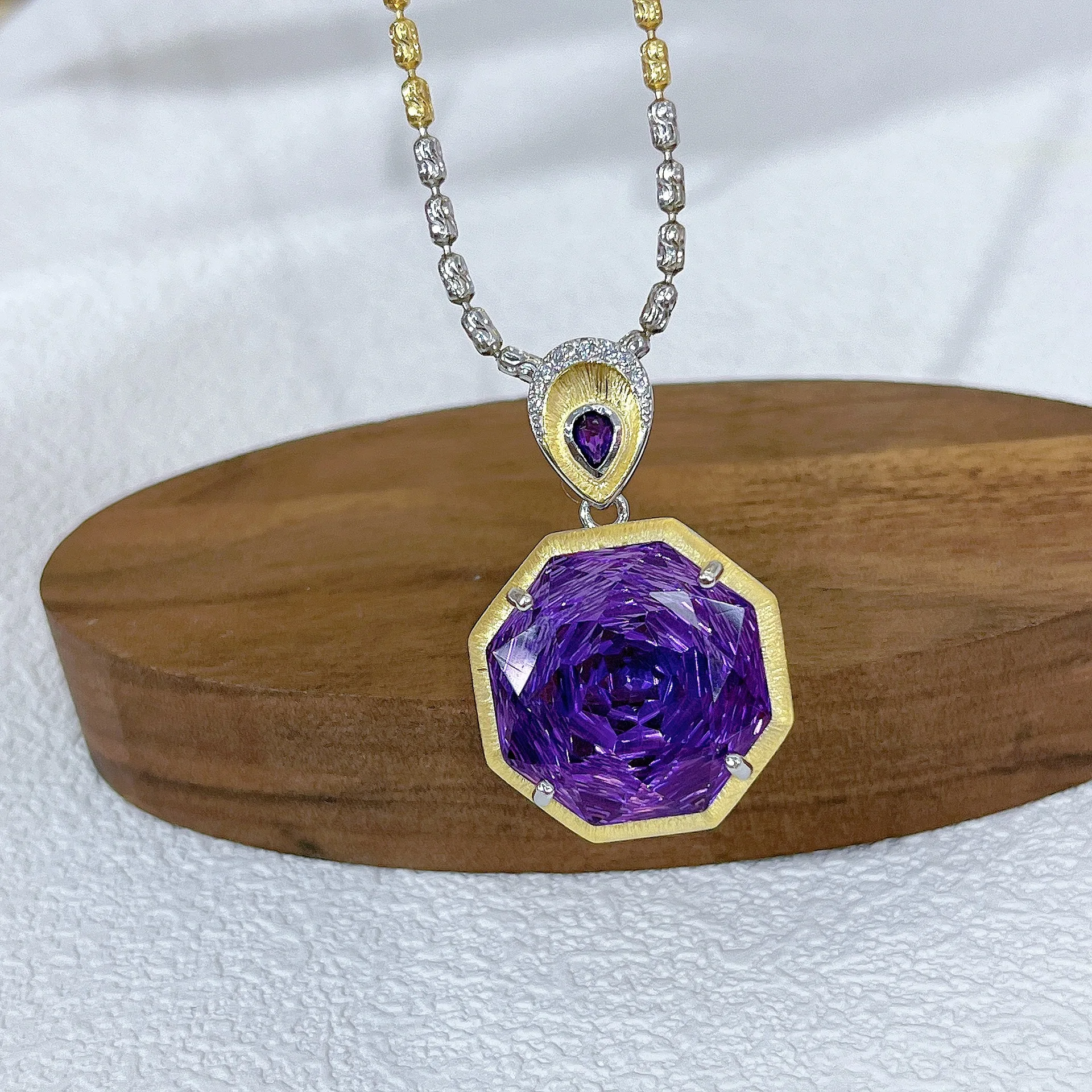 S925 Silver Dual-Tone Amethyst Pendant, 19mm Main Stone No Chain Included, Crystal Jewelry Gift for Women