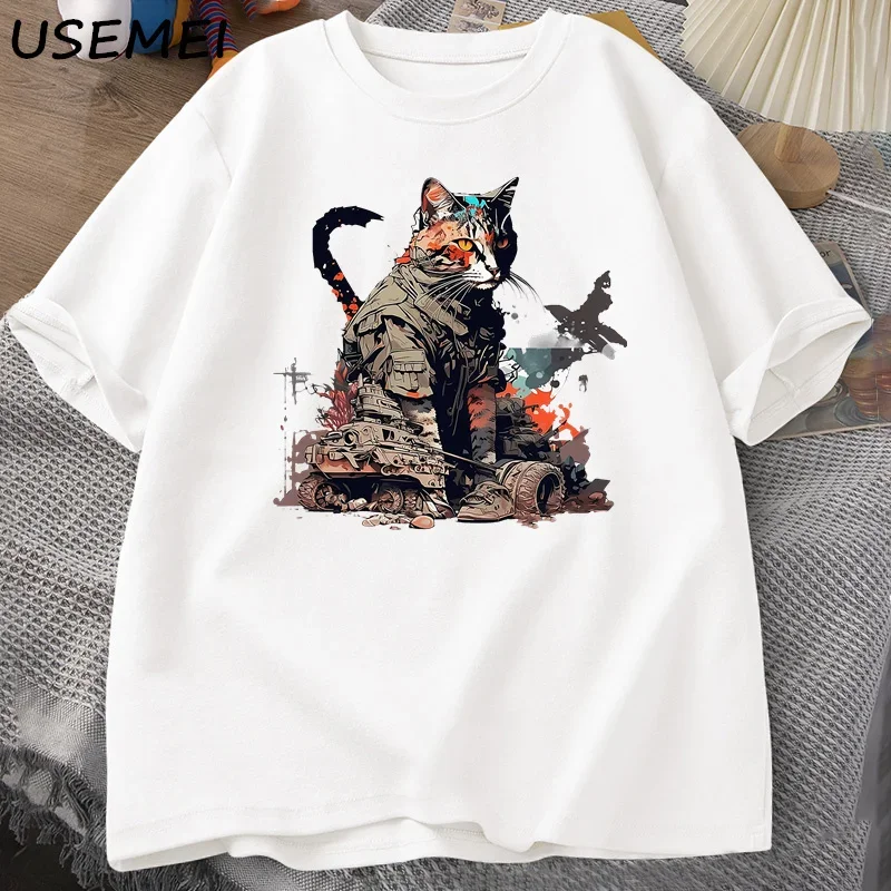 Courageous Cats in Combat T Shirt for Men Casual Cotton O Neck T-shirt Funny Cat Print Short Sleeve T-shirts Streetwear