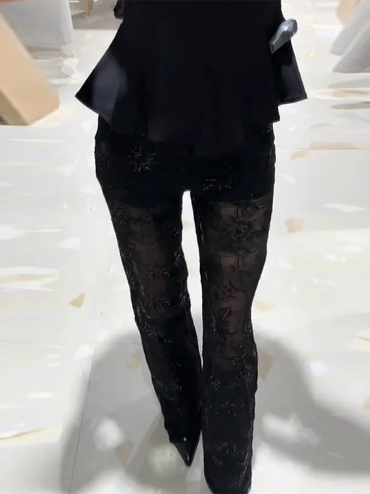 الخريف موضة السراويل القوطية للنساء عادية الدانتيل نمط فضفاض منظور نمط أسود الشارع الشهير 2025 جديد مثير سراويل طويلة #2