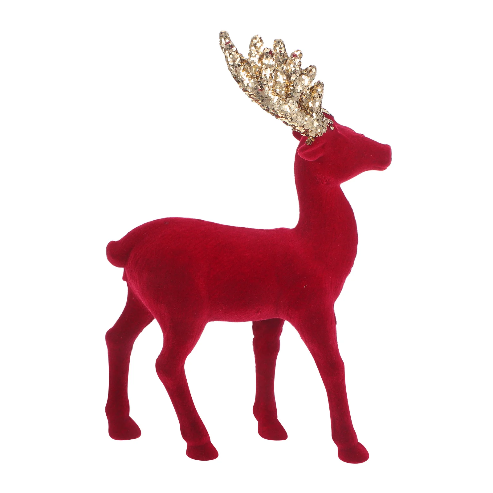 

Festive Red Flocked Reindeer Decor with Glitter Details Luxury Deer Statue for Christmas Tabletop Mantle Or Office Holiday