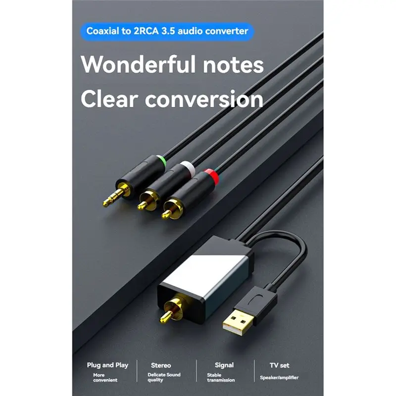 B76B Digital to Analog Audio Conversion Cable, SPDIF Coaxial to L/R RCA & 3.5mm Stereo Audio Cable, 3 Meter, for TV, Amplifier,