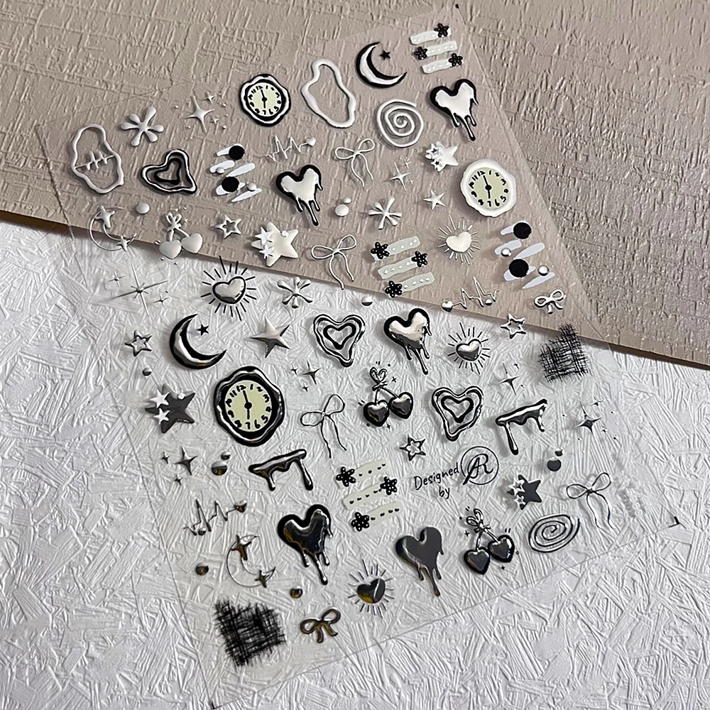 1 foglio 5D argento liquido a forma di cuore adesivo per nail art punk fiocco in rilievo piccolo fiore ciliegio pentagramma decalcomanie per unghie manicure fai da te