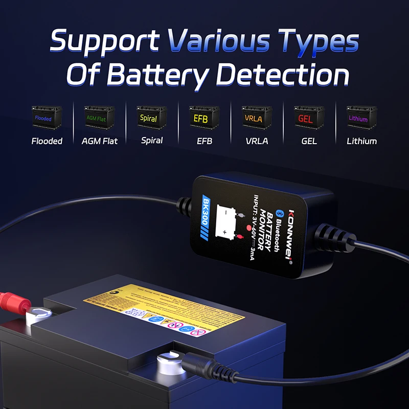 Alat Pemantau Baterai Mobil Bluetooth KONNWEI BK300 2026, Penguji Baterai 6V/12V/24V dengan Aplikasi Seluler untuk Mobil, RV, Motor, Truk & Kapal