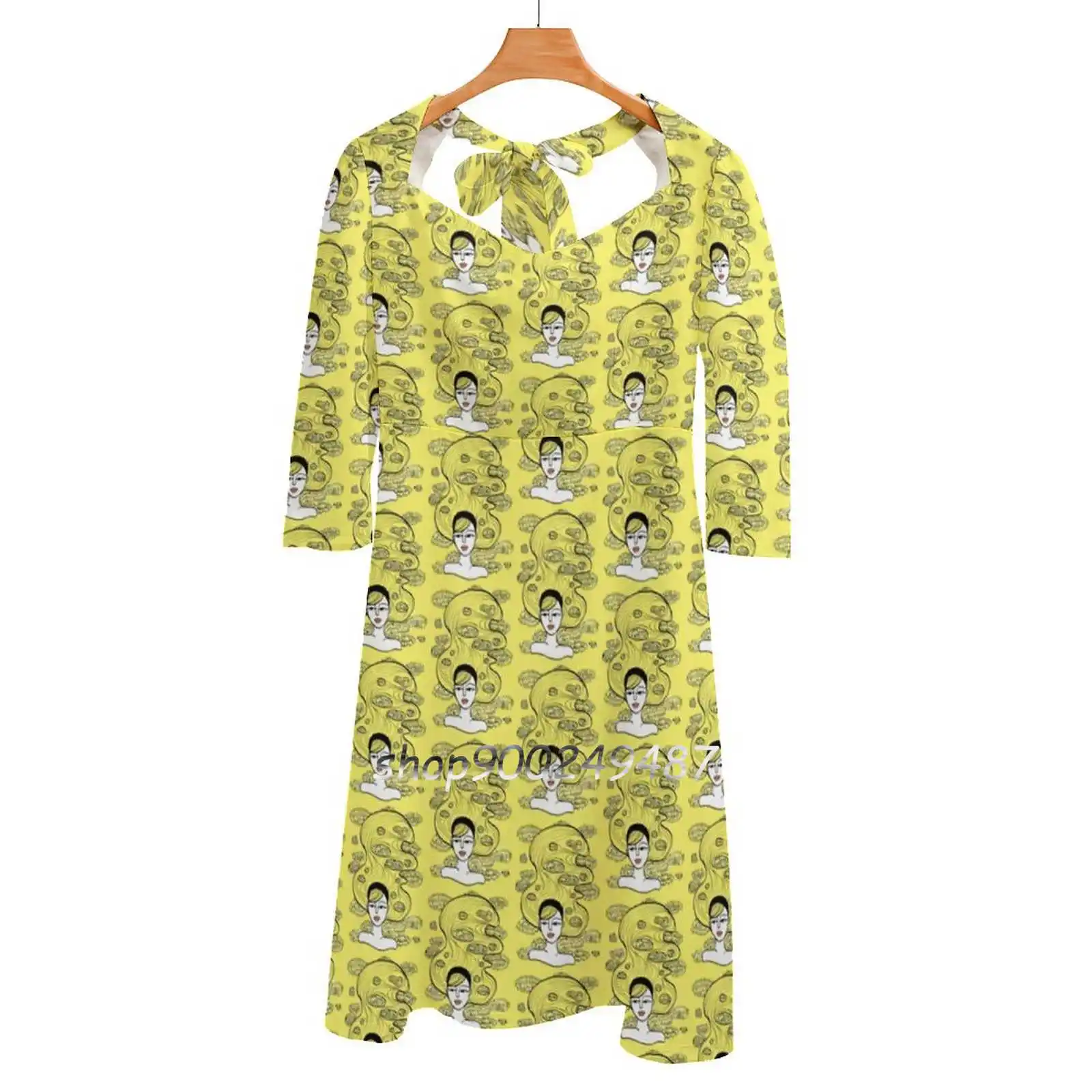 Lemon Grass Sweet Elegant Dress Women Korean Kawaii Square Collar Dress Cute Girls Grass Hair Lemon Pretty Vintage Girls