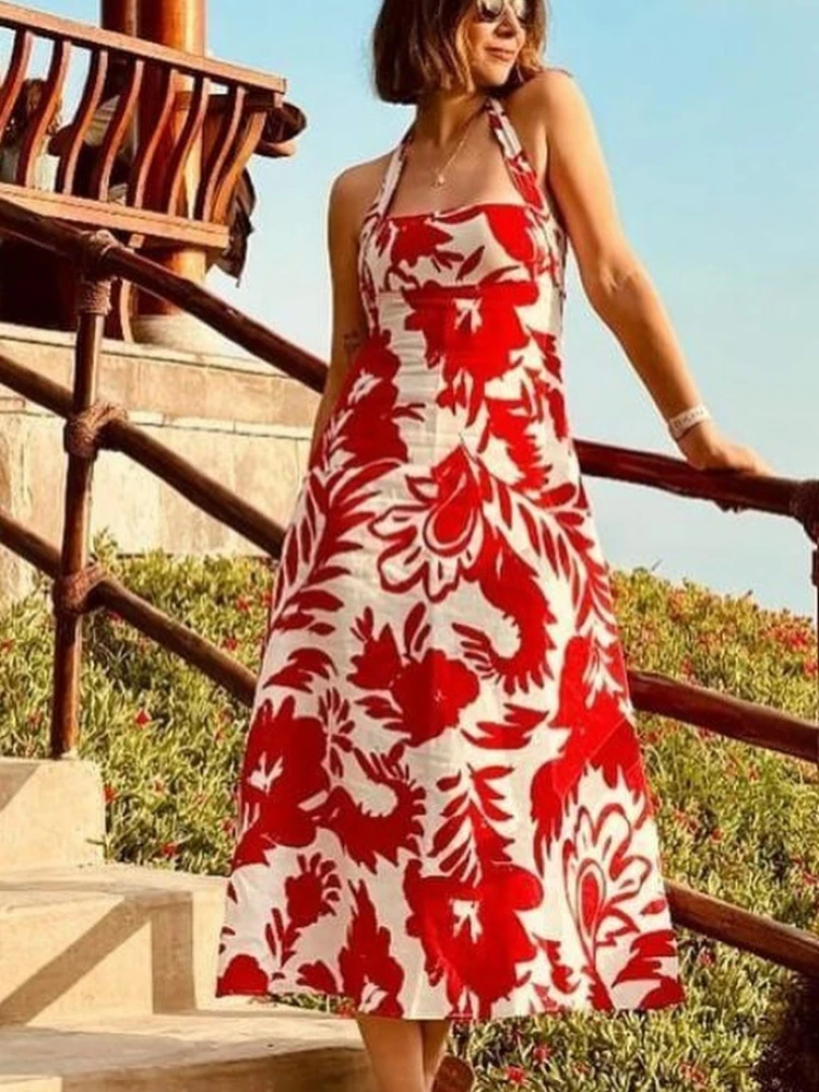 Women's Halter Neck Printed Dress Lace-up Backless Zip High Waist Sleeveless Holiday Style A-line Dress Summer New Chic Top