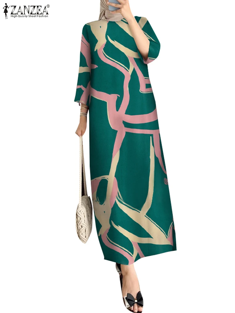 Spring Summer Maxi Sundress Muslim Abaya ZANZEA Women O Neck 3/4 Sleeve Maxi Dress Casual Kaftan Bohemain Printed Vestidos 2024