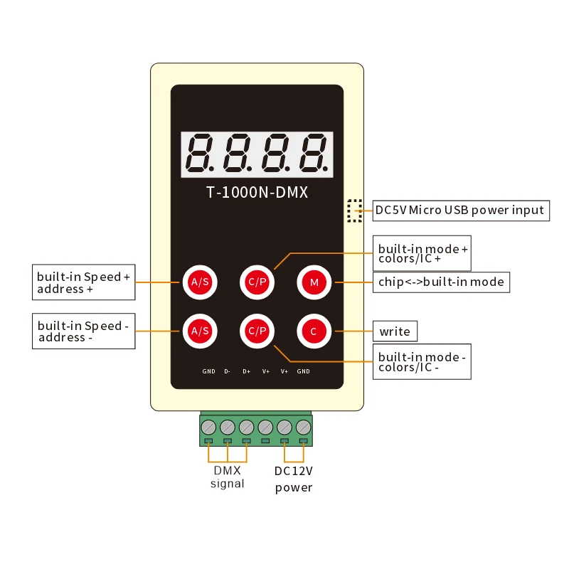 T-1000N-DMX address writer for DMX512 light, compatible UCS512, SM1651x, TM512AC, GS512, MX512, SM1751x series addressable IC