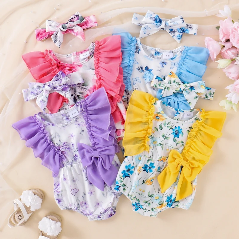 

Tregren 0-18M Newborn Baby Girl Flutter Sleeve Romper Summer Floral Butterfly Print Round Neck Infant Jumpsuit with Bow Headband