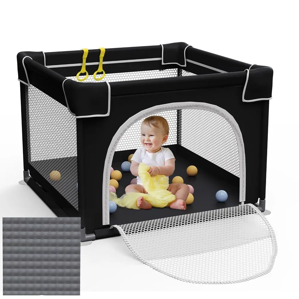 Portable Toddler Playpen with Mat, Compact Play Yard for Indoor & Outdoor, Durable Baby Safety Enclosure (Black, 36x36)