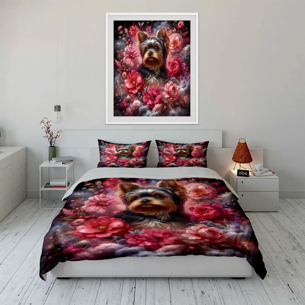Floral Dog Art Home Decoration Bedding Set with 1 Duvet Cover 2 Pillowcases Single Double King Queen, Gift