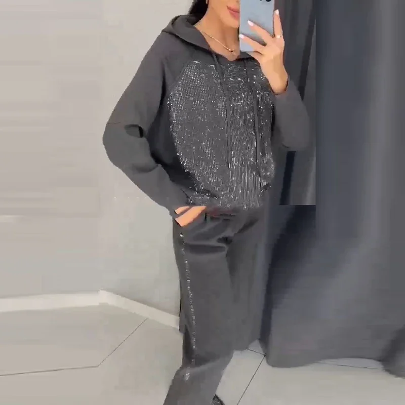 Vestidos Women\'s Fashion Diamonds Hooded Sweatshirt Sports Suit Autumn Winter O Neck Solid Color Loose Basic 2-piece set 2025