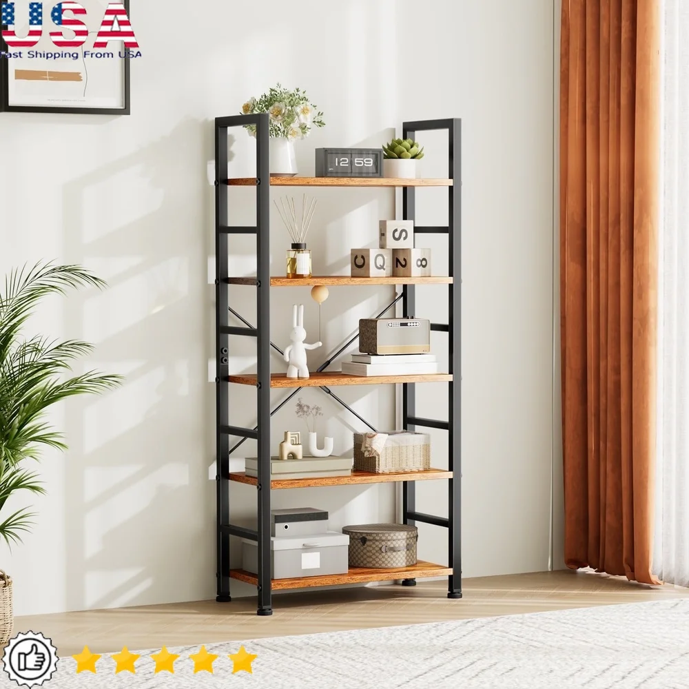 

5 Tier Bookshelf Modern Storage Organizer Vertical Bookcase Living Room Bedroom Home Office Rustic Brown Easy Assembly