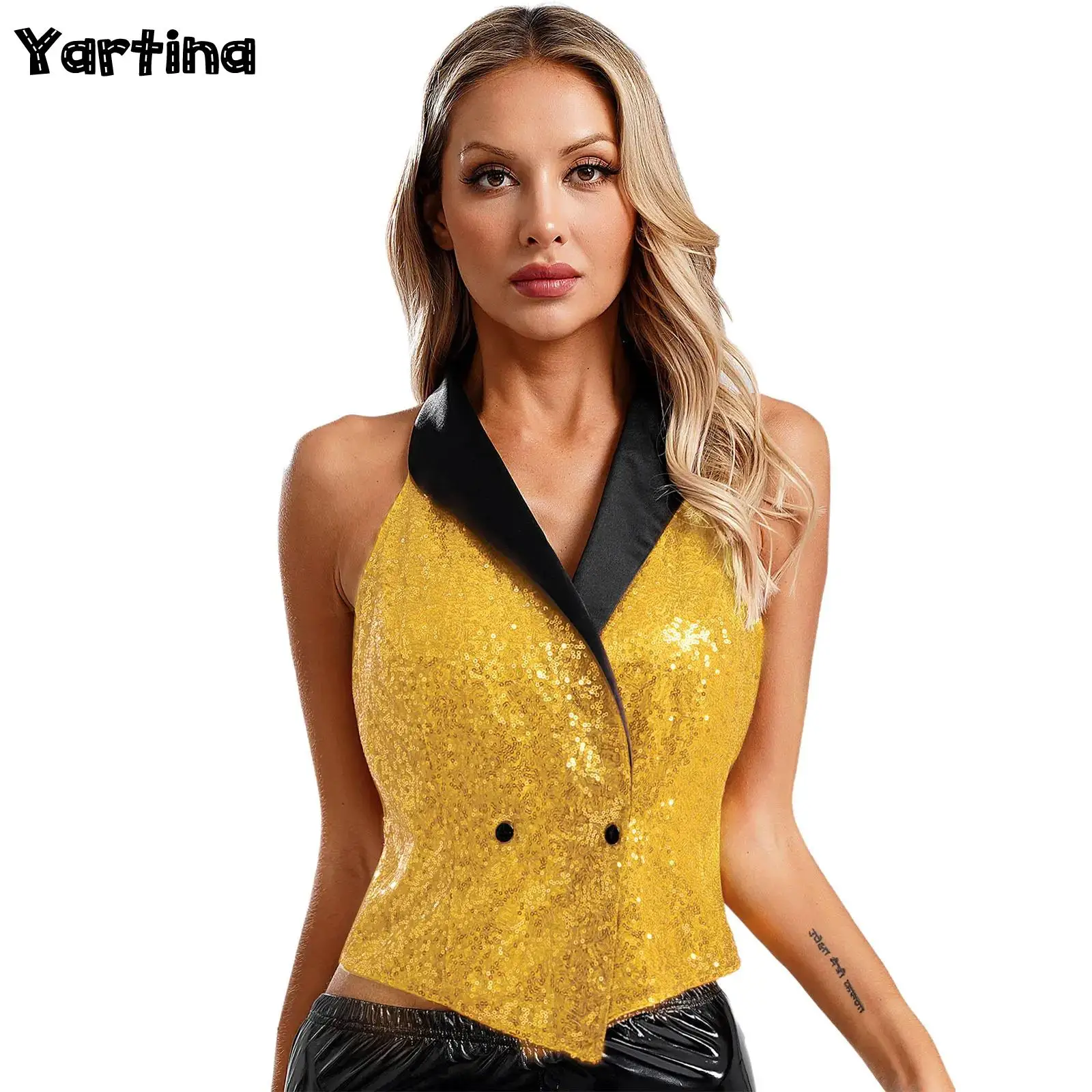

Women Glitter Sparkly Sequin Press Button Blouse Dressy Tops V-neck Lapel Banquet Cocktail Festival Jazz Dance Party Clubwear