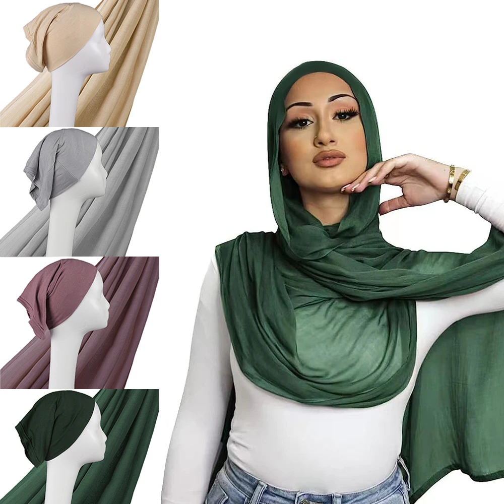 Oversize Light Viscose Rayon Hijab Scarf with Jersey Inner Caps Shawl Thin Plain Bonnet Hijabe Femme Muslim Headwraps 190x85cm