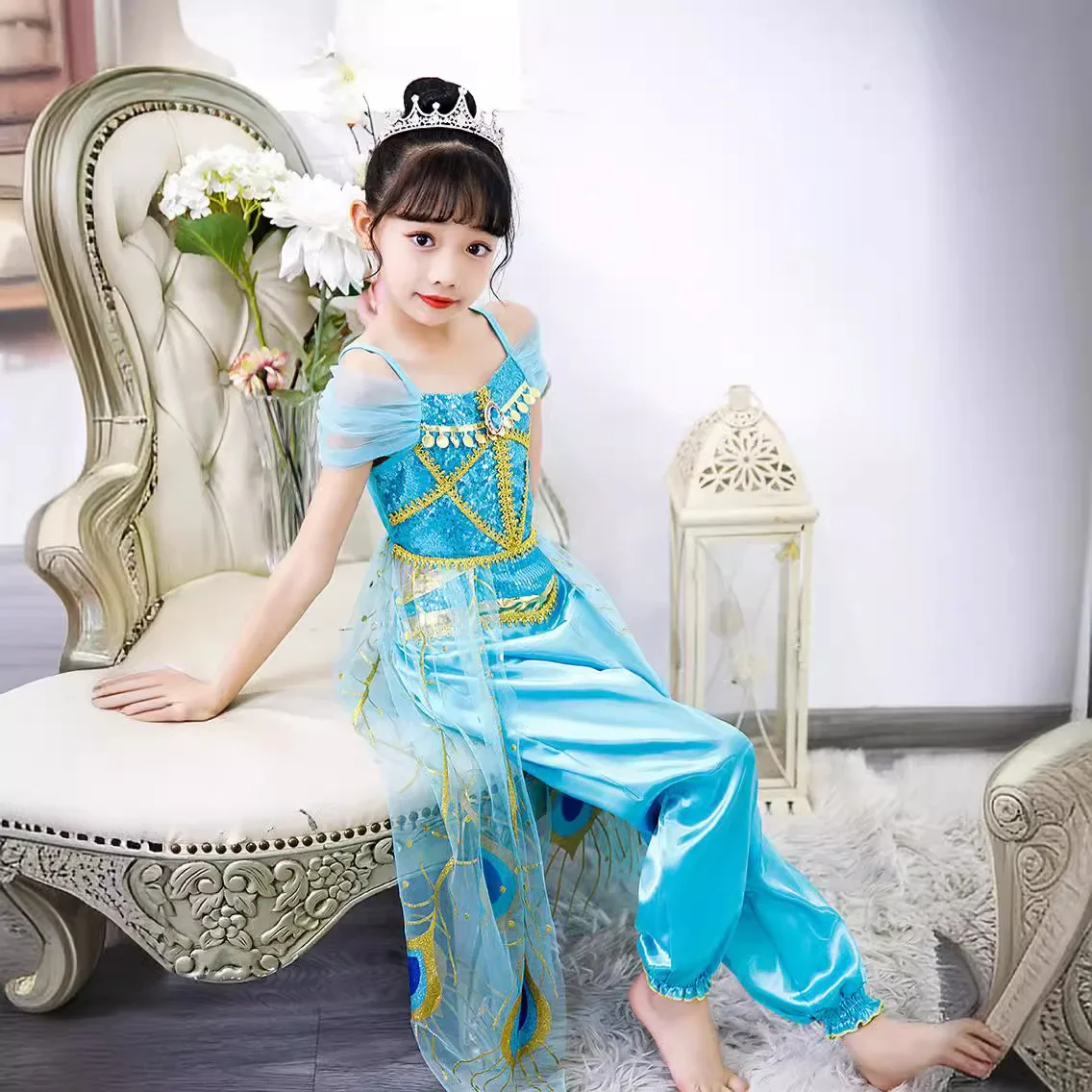 

Костюм на Хэллоуин, одежда для косплея Жасмин, детская арабская фольклорная волшебная лампа, наряды принцессы для косплея, топы и брюки с хвостом