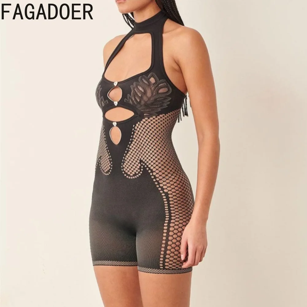 

FAGADOER Fashion Thick Lace Knit Hollow Halter Bodycon Rompers Women Sleeveless Backless Slim Jumpsuits Sexy Nightclub Overalls