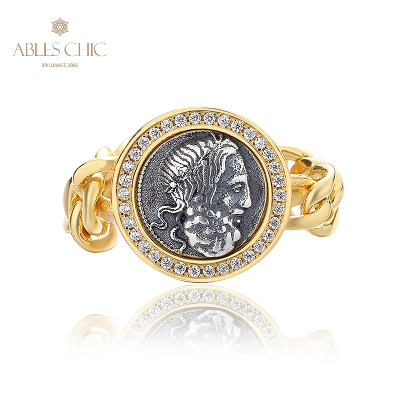 

Greek Poseidon Silver Coin CZ Halo 18K Gold Two Tone Solid 925 Silver Roman Coins Chained Vintage Ring R1009