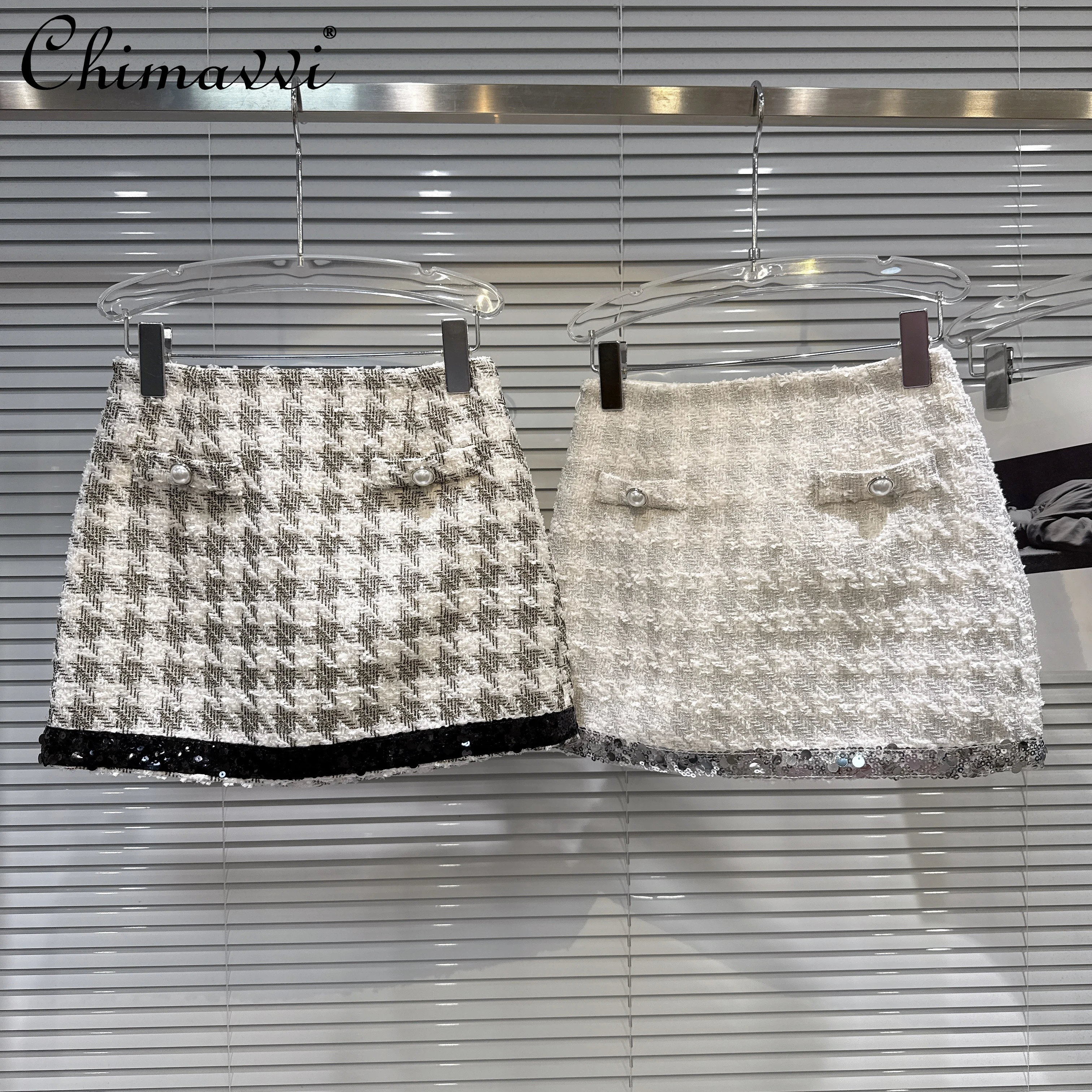 

French Elegant Temperament Socialite High Waist Slim Fit Plaid Sequin Patchwork Sweet Versatile Short Skirts for Women Winter