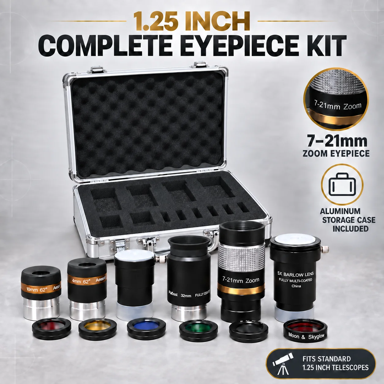 1.25in Telescope Eyepiece Kit, 7-21mm Zoom, 32mm Plossl, 4/10mm Aspheric, 5X Barlow, 1.5X Erecting Lens, 6 Filters, Case