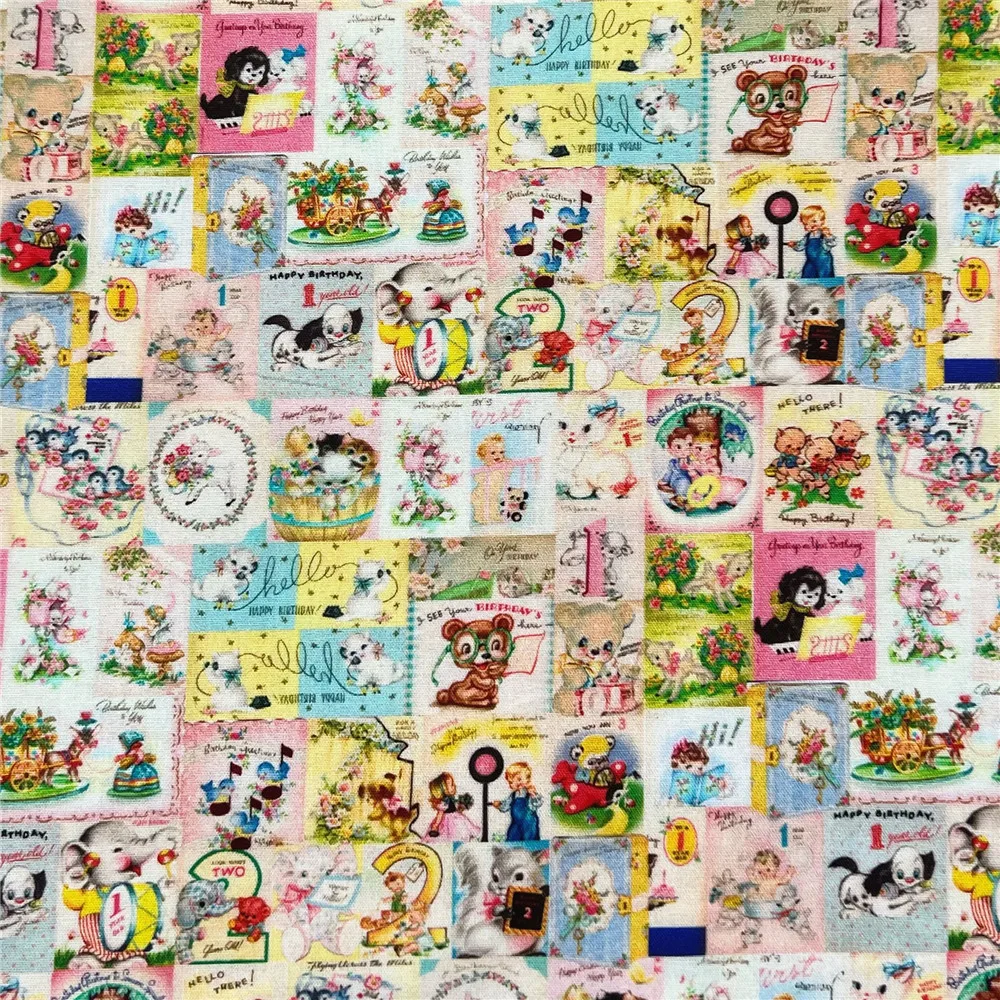 Vintage Showa Animal Card Cotton Fabric Cartoon Cloth Fabrics Sheet Printed Dress Sewing Needlework DIY Crafts Supplies