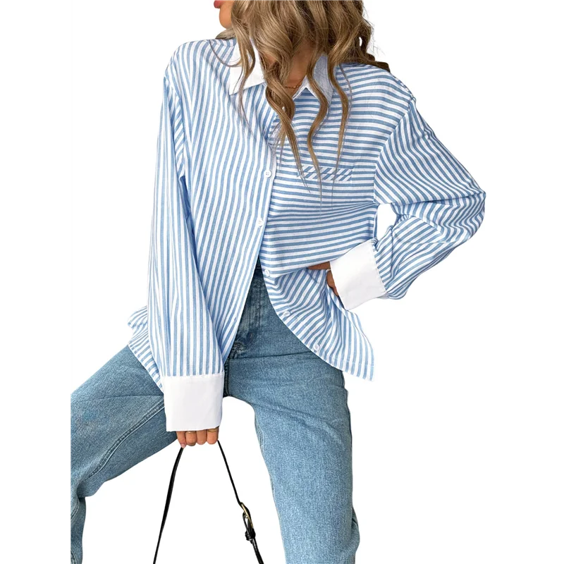 

AG-Womens Striped Button Down Shirt Casual Long Sleeve Blouse Top