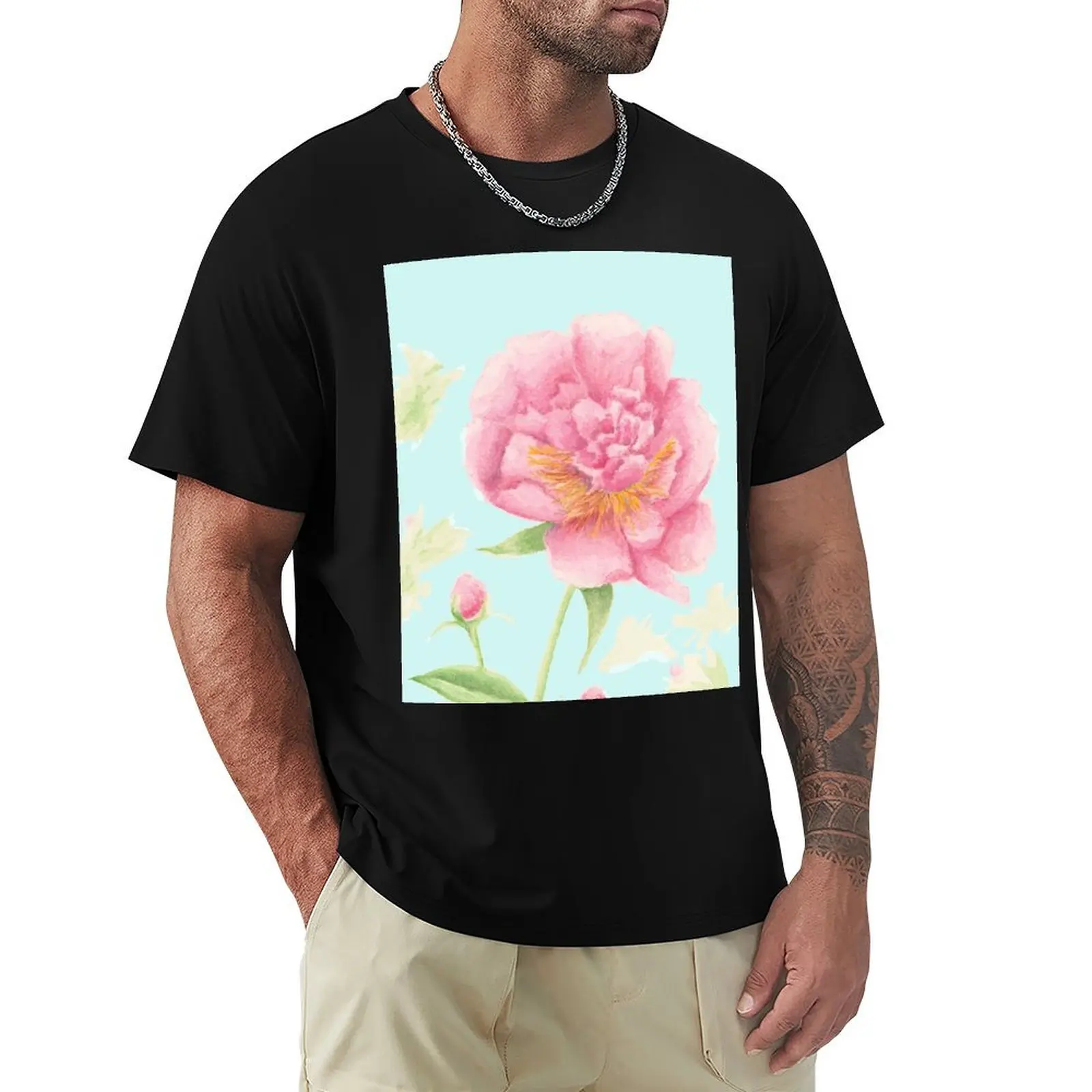 Peony Flower Watercolor Painting on Background T-Shirt Fitness Training Breathable Tee