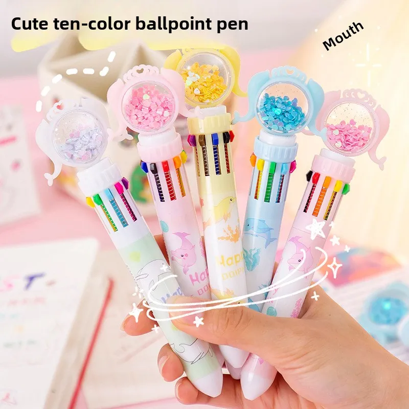 

36 Pcs Creative Little Dolphin Ten-color Ballpoint Pen Press-type Colored Ball Pen Special for School Students Writing Supplies