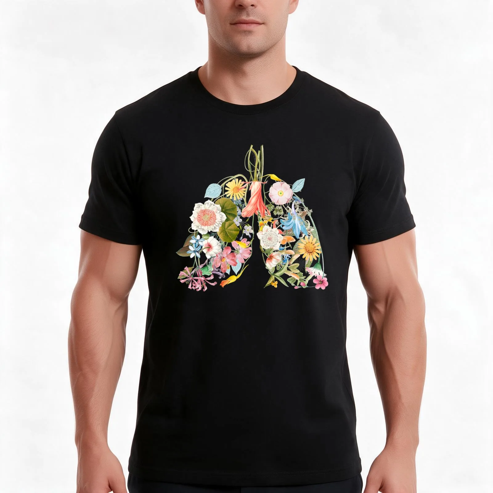 Floral lungs T-Shirt, Summer Casual Cotton Tee, Oversized Streetwear Tops, Vintage Graphic Print, Loose Fit Short Sleeve