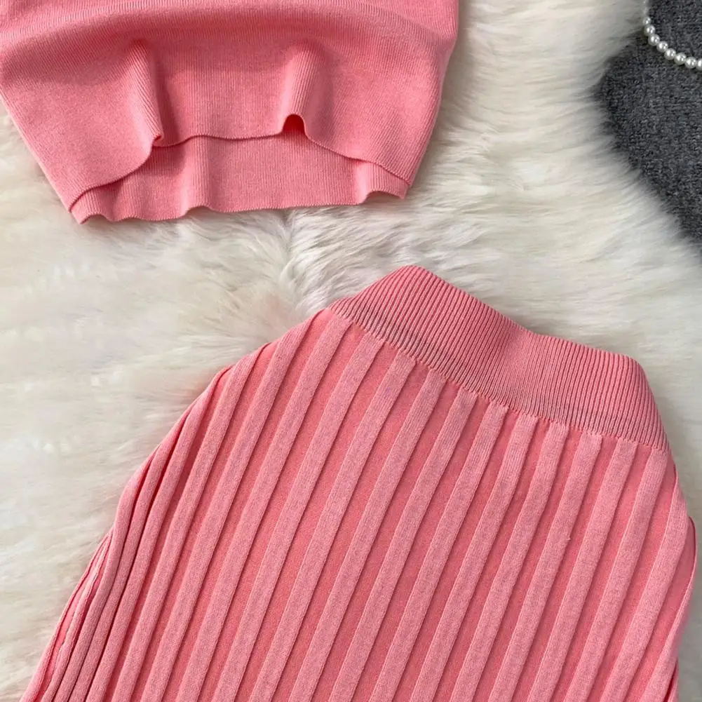 

Летний женский модный комплект с юбкой, сексуальные топы на бретелях с высокой талией, тонкий длинный Saya, женские костюмы из двух предметов, вязаная однотонная одежда