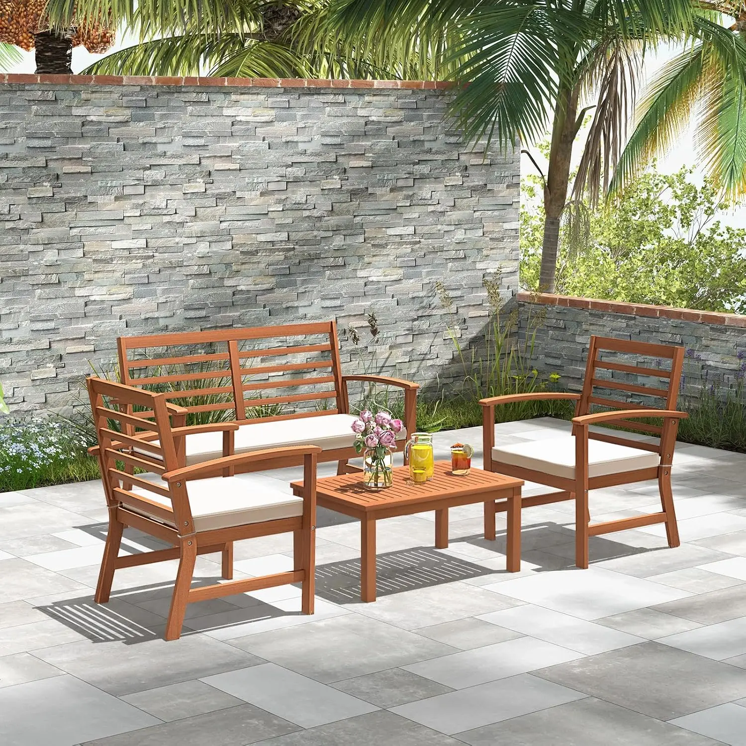 Acacia Wood Outdoor Sofa & Coffee Table Set 4-Piece w/Soft Cushions Stable Frame for Patio Backyard Porch Poolside, Customized